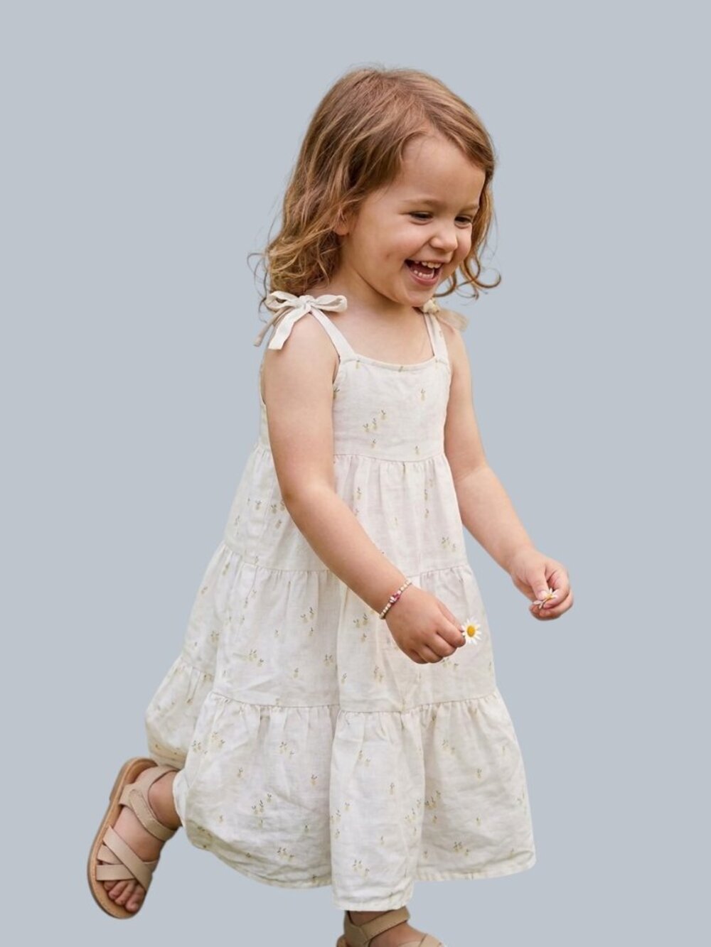 Rylee + Cru Harbour Linen Lemon Print Tiered Tie Strap Dress 2-3Y 39345
